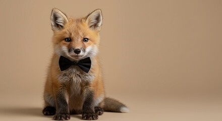 Obraz premium Cute fox cub wearing a black bow tie on a beige background