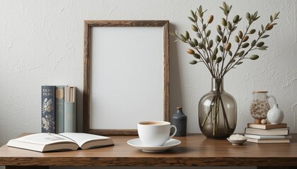 Empty picture frame mockup, wooden desk vintage books, , an olive branch in a glass vase