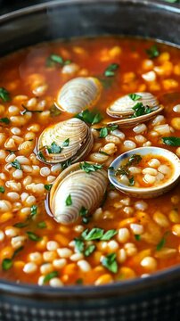 Warm and hearty clam chowder prepared with fresh clams, corn, and herbs for a delightful meal