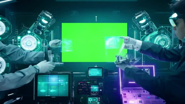 Sci-fi laboratory with futuristic gadgets, glowing holograms, and robotic arms in motion. With a green screen panel on one wall for flexible video integration