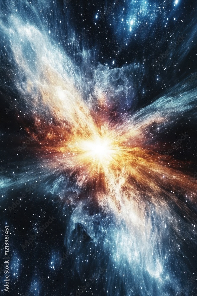 Poster exploding cosmic star nebula with fiery core and starry field background.