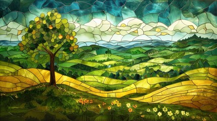 Fototapeta premium Illustration in stained glass style with a tree in the middle of the field