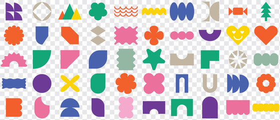 Brutalist abstract geometric shapes and grids. Y2K Geometric design element shapes.Colorful groovy brutal figures. Modern Swiss design aesthetic.