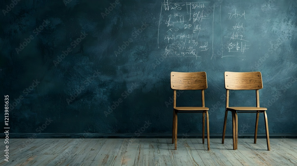 Poster the image depicts an empty classroom setting with a simple minimalist design two wooden chairs are p
