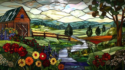 Stained glass window with a view of a farm in the countryside