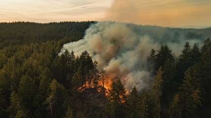 Aerial View of Forest Fire Under Hazy Golden Hour Light