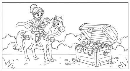 Knight on Horseback Discovering Treasure Chest - Black and White Line Art for Coloring Books.