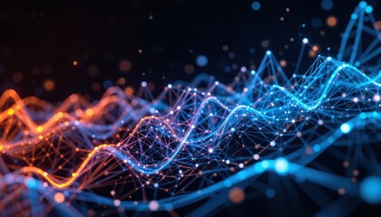 Abstract data visualization, network, flowing lines, glowing particles, dark background