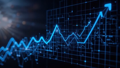 Naklejka premium Digital growth chart, rising graph, futuristic interface, glowing lines on dark background