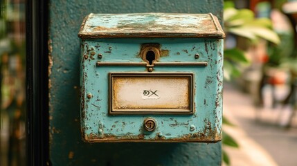Rustic teal mailbox, city street, worn, vintage