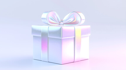 Obraz premium 3D-rendered gift box with an iridescent surface and a glossy bow on top. Pastel-hued, shiny design perfect for gifting, celebration, or digital design projects.