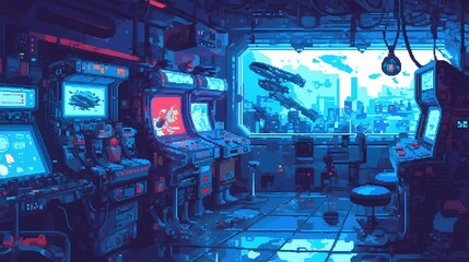 pixel art scene of a futuristic arcade with neon lights and cyberpunk ambiance