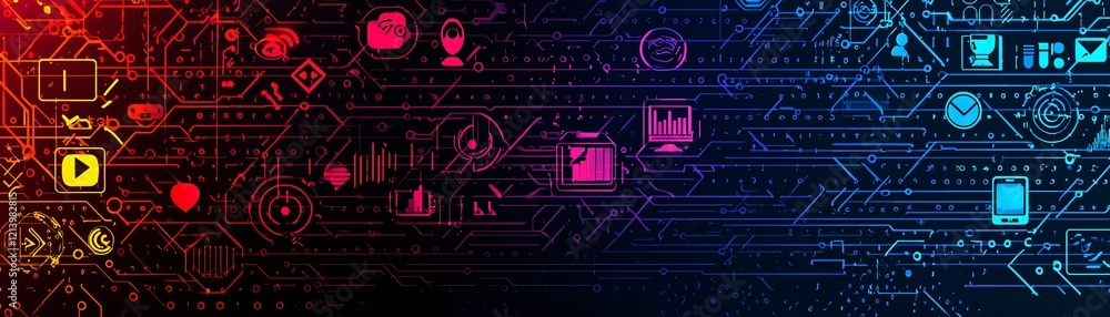 Poster a vibrant flow of binary code transforming into colorful media icons, symbolizing media sharing.