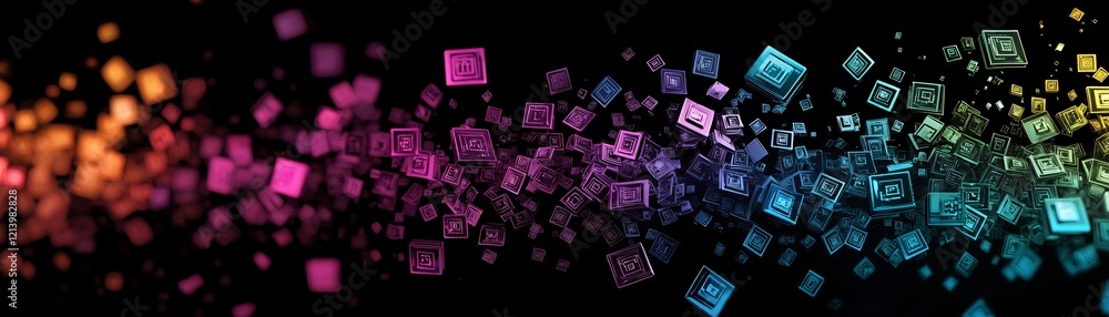 Poster a vibrant flow of binary code transforming into colorful media icons, symbolizing media sharing.