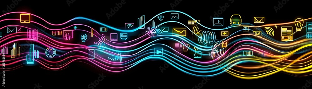 Poster a vibrant flow of binary code transforming into colorful media icons, symbolizing media sharing.