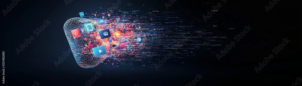 Poster a vibrant flow of binary code transforming into colorful media icons, symbolizing media sharing.
