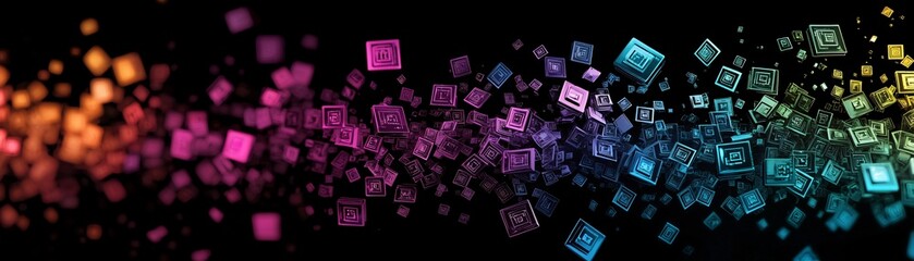 A vibrant flow of binary code transforming into colorful media icons, symbolizing media sharing.