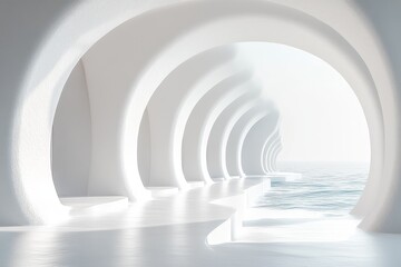 Obraz premium 3D render of an abstract white background with tunnels and arches, minimalist style, empty space for presentation design.