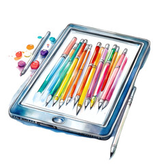 Fototapeta premium A watercolor rendering of a modern tablet with a stylus pen and creative tools, set against a white background.