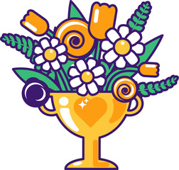 Vector graphic illustration of shiny bouquet of flowers in a vibrant palette in stroked cartoon style. The bouquet is housed within a golden cup. Delightful mix of flowers and green leaves. Present fo