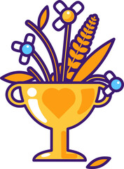 Vector graphic illustration of bouquet of autumnal flowers in a vibrant stroked cartoon style. The bouquet is housed within a golden goblet. Fleeting nature of beauty, sadness or nostalgia. Bright aut