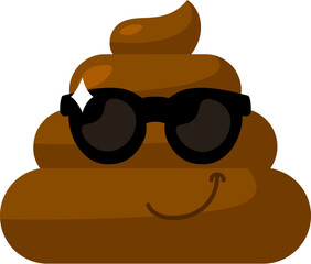 Brown confident Emoji poop with black sunglasses. Design element for reaction in social media. Funny icon. Simple cartoon vector element isolated on white background