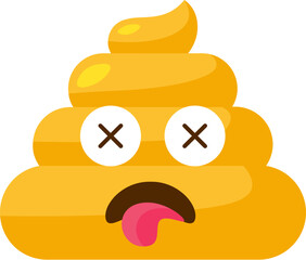 Yellow deceased Emoji poop with stuck tongue out of mouth. Design element for reaction in social media. Funny icon. Simple cartoon vector element isolated on white background