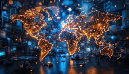 Global network map, futuristic server room, illuminated world map, background of technology