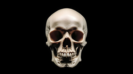 Front view of a natural human skull on an isolated black background, showcasing the intricate details and structure of the human skull, perfect for anatomy, medical education, and science-related them