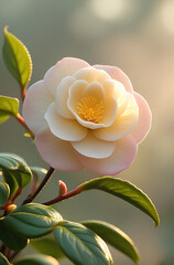 Fototapeta premium A delicate Camellia flower in full bloom, captured in the morning light with dew-kissed green leaves. Created with generative AI.