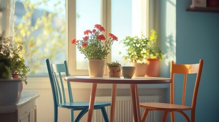 Fototapeta premium Sunny kitchen table, flowers, plants, breakfast