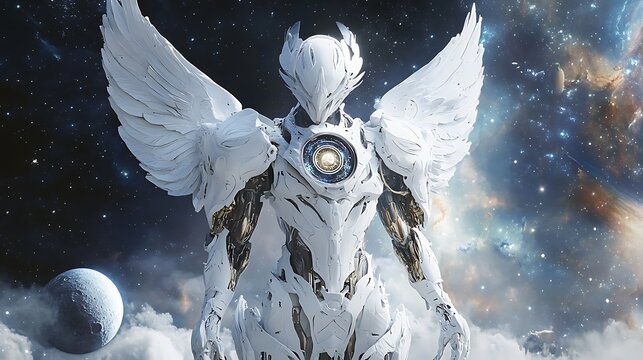 White garuda robot with cosmic sun and moon imagery standing in a mysterious space
