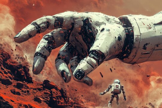 Giant robotic hand hovers above a small astronaut.