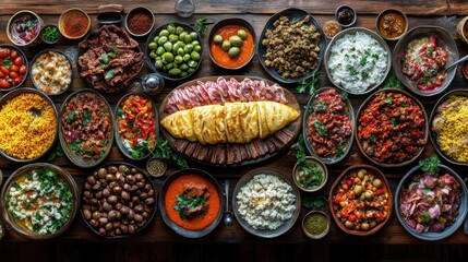 Rustic Table, Overhead, Mediterranean Feast, Variety Dishes, Food Blog