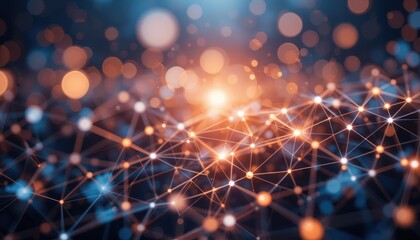 Obraz premium Abstract network graphic, digital connections, glowing nodes, blurred background