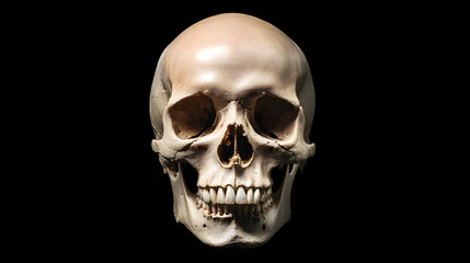 Front view of a natural human skull on an isolated black background, showcasing the intricate details and structure of the human skull, perfect for anatomy, medical education, and science-related them