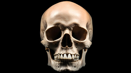 Front view of a natural human skull on an isolated black background, showcasing the intricate details and structure of the human skull, perfect for anatomy, medical education, and science-related them
