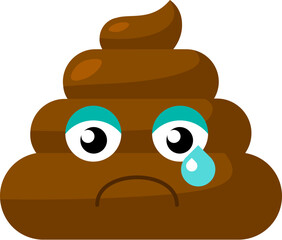 Brown offended crying Emoji poop with tears rolling down his eyes. Design element for reaction in social media. Funny icon. Simple cartoon vector element isolated on white background