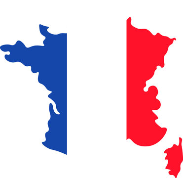 Souvenir magnet borders of France in colors of national flag, meeting foreign guests. Traditional festive element, attributes of French flag day. Cartoon vector icon in national colors