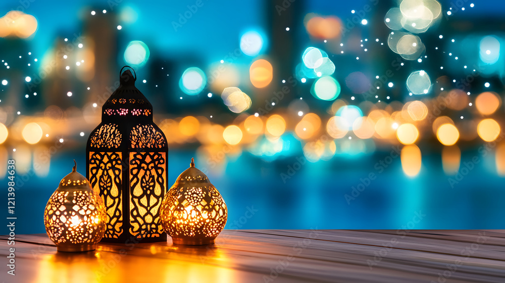 Poster elegant lanterns glowing against a bokeh city backdrop create a warm, enchanting atmosphere