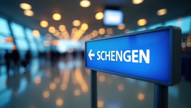 Blue sign indicating direction to Schengen area in a transportation hub. Travel, border, EU