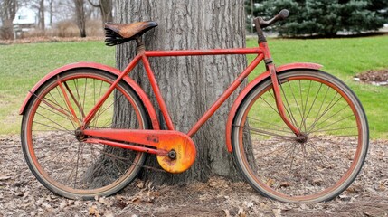 Fototapeta premium A rusty red vintage bicycle leans against a tree
