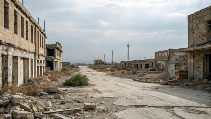 Distressed worn-out post-apocalyptic landscape with crumbling walls and rubble, decay, stone, distressed