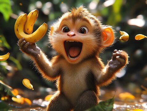 Energetic 3D Monkey Juggling Bananas in Lush Jungle with Expressionist Inspired Lighting