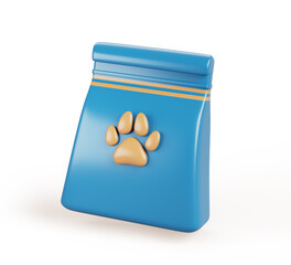 3d pet food package with paw print of dog or cat render icon. Blue paper or plastic bag with feed, treat or snack for domestic animals. Petshop product isolated on white background. 3D illustration