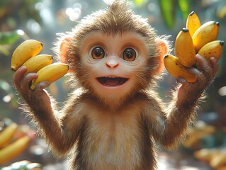 Graceful Monkey Juggling Bananas in Verdant Tropical Jungle with Cinematic Depth and Pointillist Color