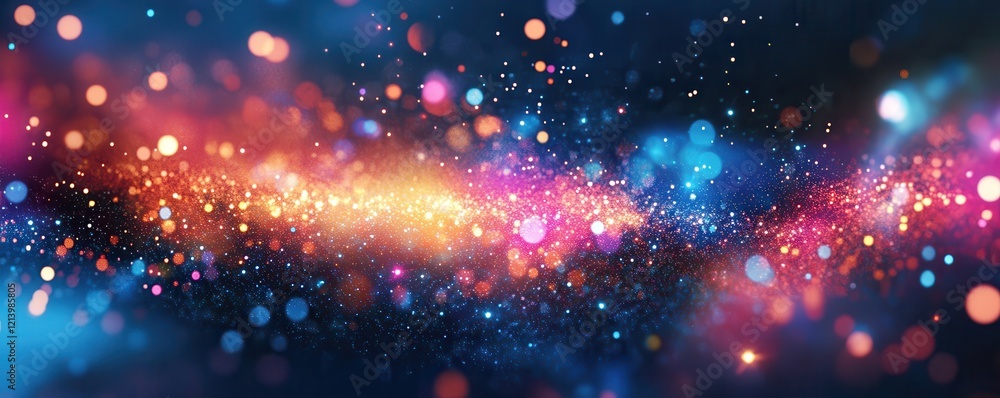 Poster abstract colorful bokeh lights galaxy space background with glittering particles.