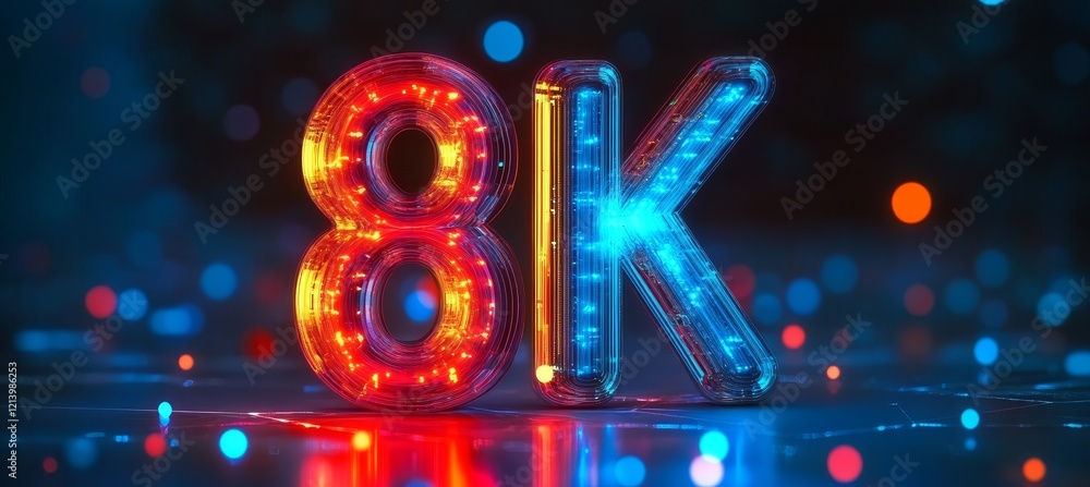 Poster luminous 8k resolution sign glowing in neon red and blue with bokeh lights background, 3d rendering