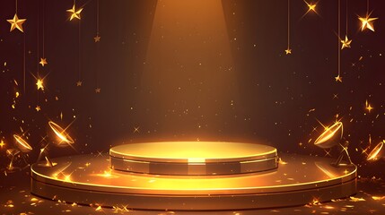 Podium with golden light lamps and sparkles, ideal for awards