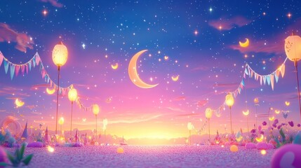 Magical Sunset Landscape With Lanterns and Stars